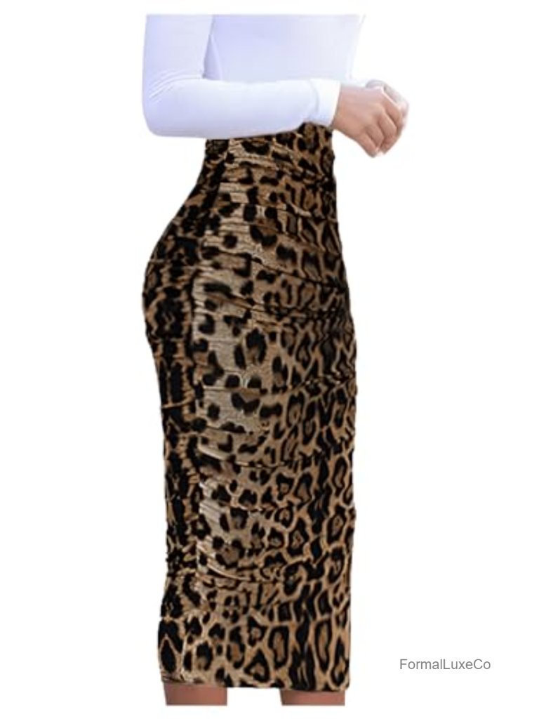 Leopard Print Ruched Bodycon Pencil Long Skirt